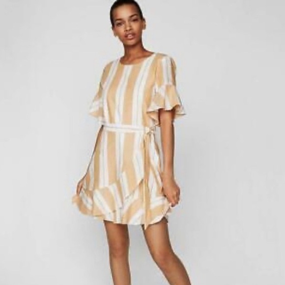 EXPRESS Ruffle Sleeve Stripe Lined Faux Wrap Dress, Size L - Picture 1 of 10